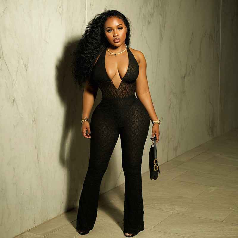 See Through Lace Up Backless Jumpsuit