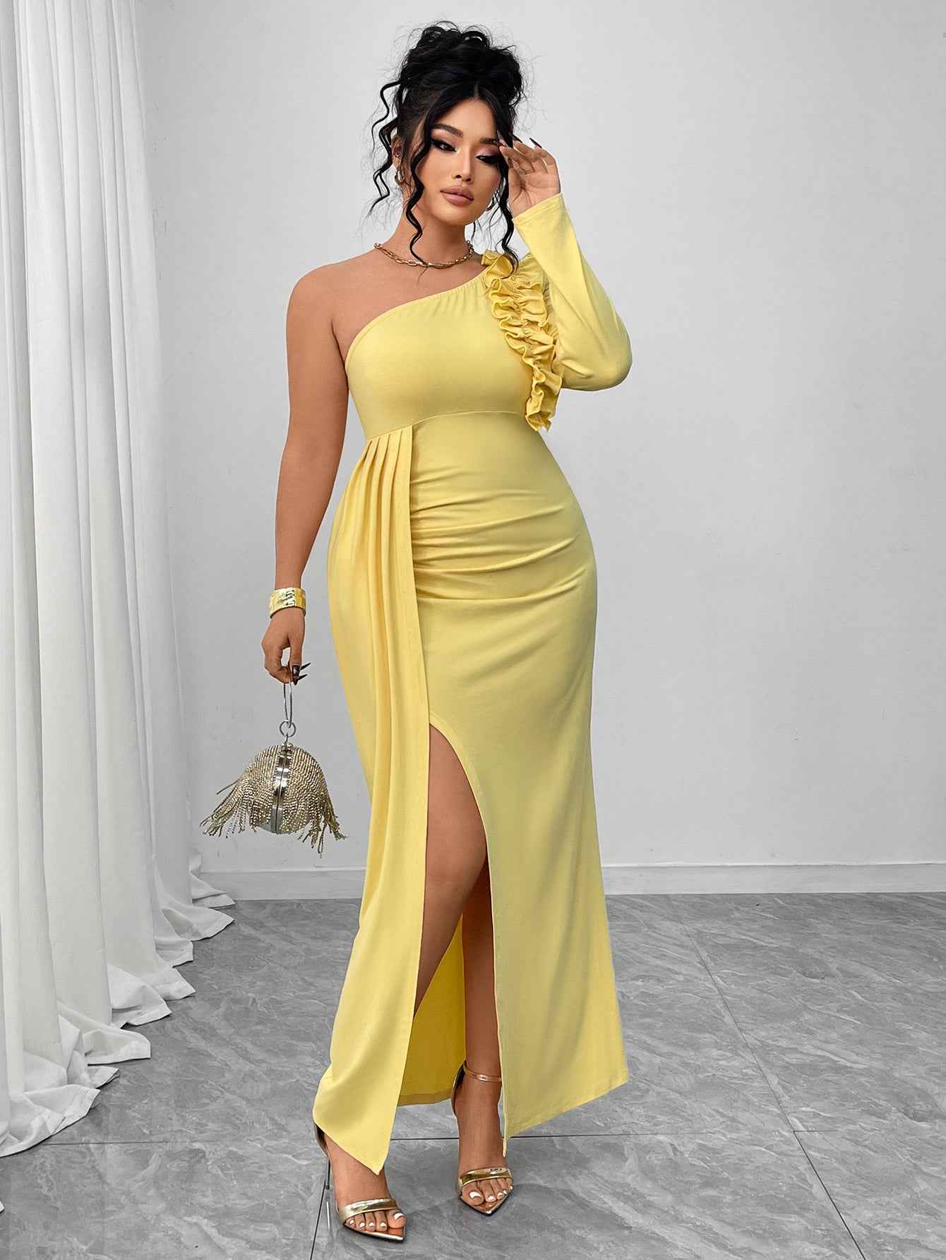 One Shoulder Yellow Ruffled Dress High Slit MUNSIEUR
