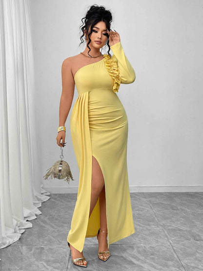 One Shoulder Yellow Ruffled Dress High Slit MUNSIEUR