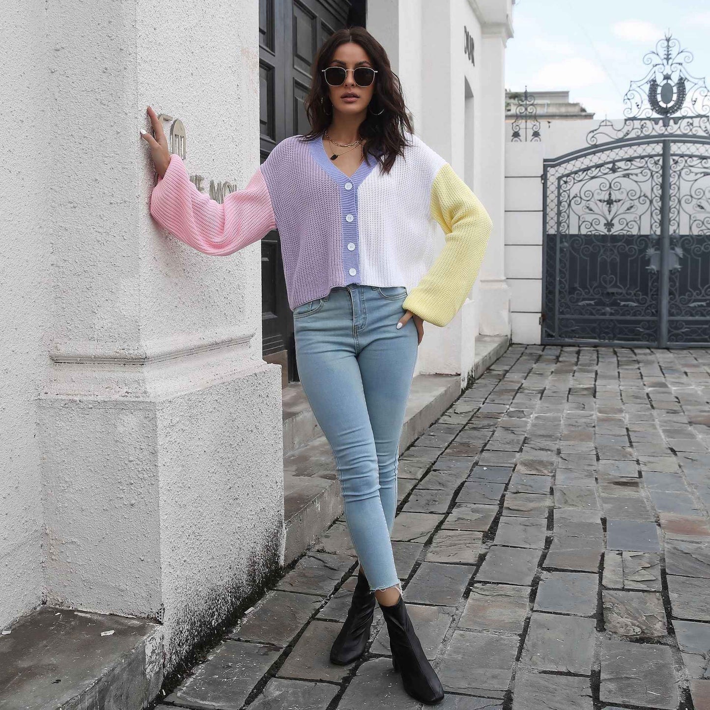 Knitted Cardigan Contrast Color Sweater