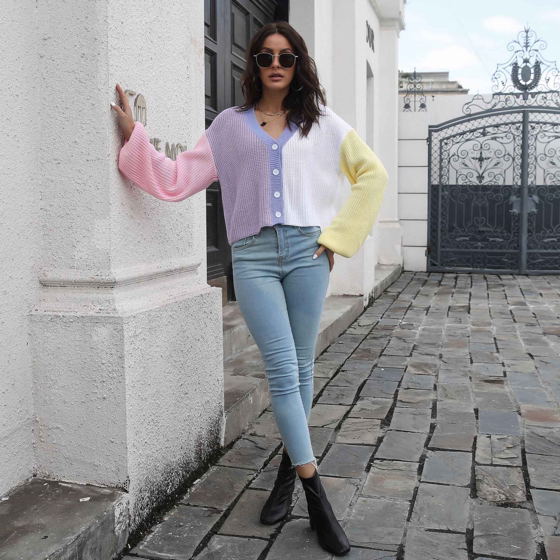 Knitted Cardigan Contrast Color Sweater