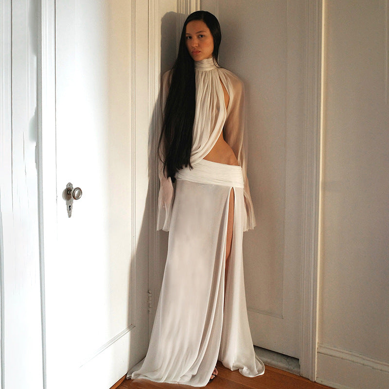 See through Turtle Bell Sleeve Split Skirt Set