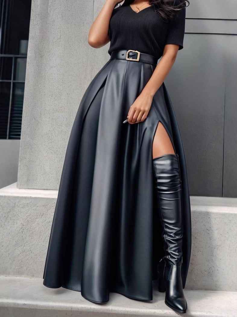 Faux Leather Skirt Swing Split Irregular Asymmetric