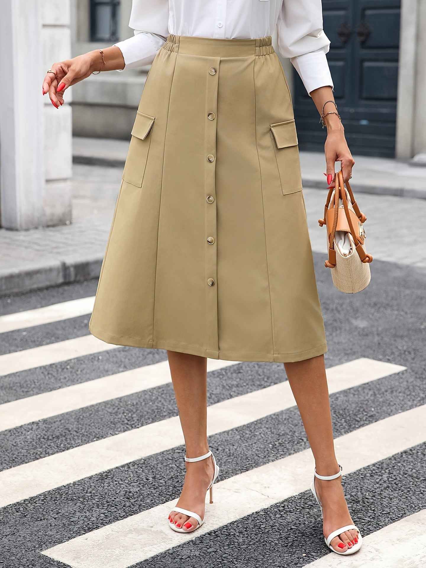 Retro High Waist A line Slimming Mid Length Skirt