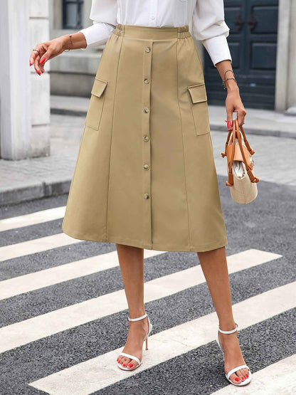 Retro High Waist A line Slimming Mid Length Skirt