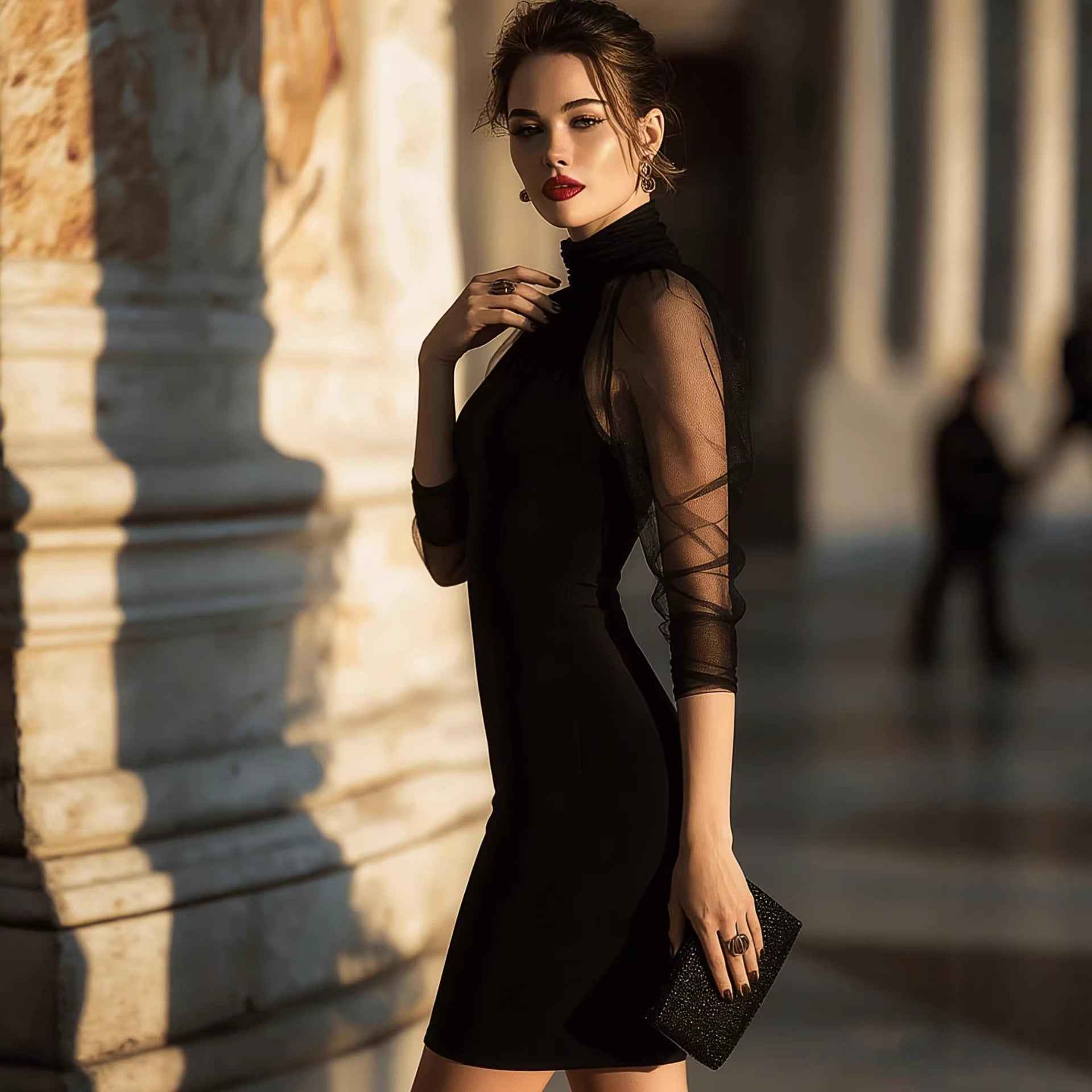 Elegant Slim Long Sleeve Sheer Mesh Cocktail Evening Dress