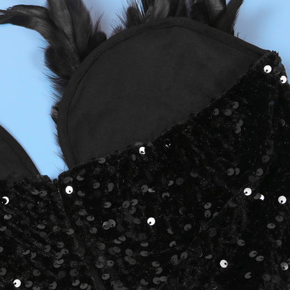 Sequin Deep V Plunge Feather Dress MUNSIEUR
