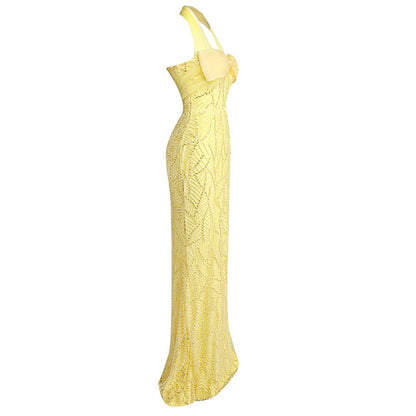 Yellow Heavy Industry Tube Bead Bow Halter Formal Dress