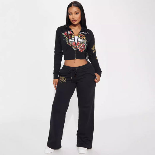 Women's 2pc Fashion Casual And Comfortable Sweatsuit Sweater + Leggings Painted Zipper With Printed Two-piece