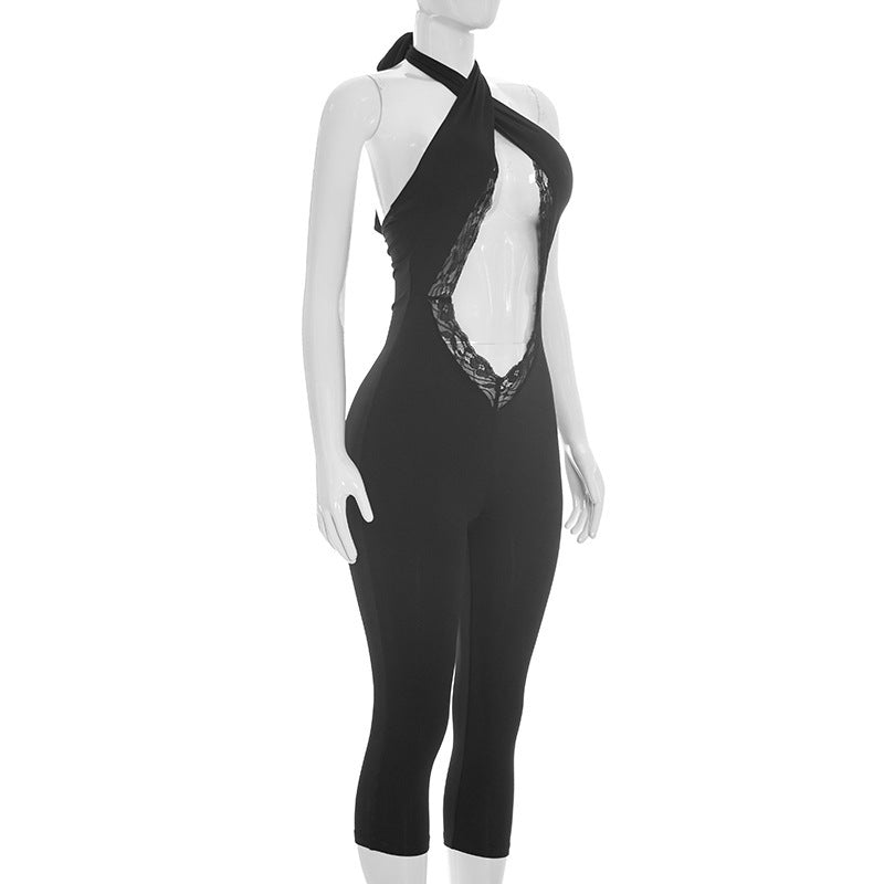 MUNSIEUR Slim Fit Sleeveless Halter Cross Jumpsuit