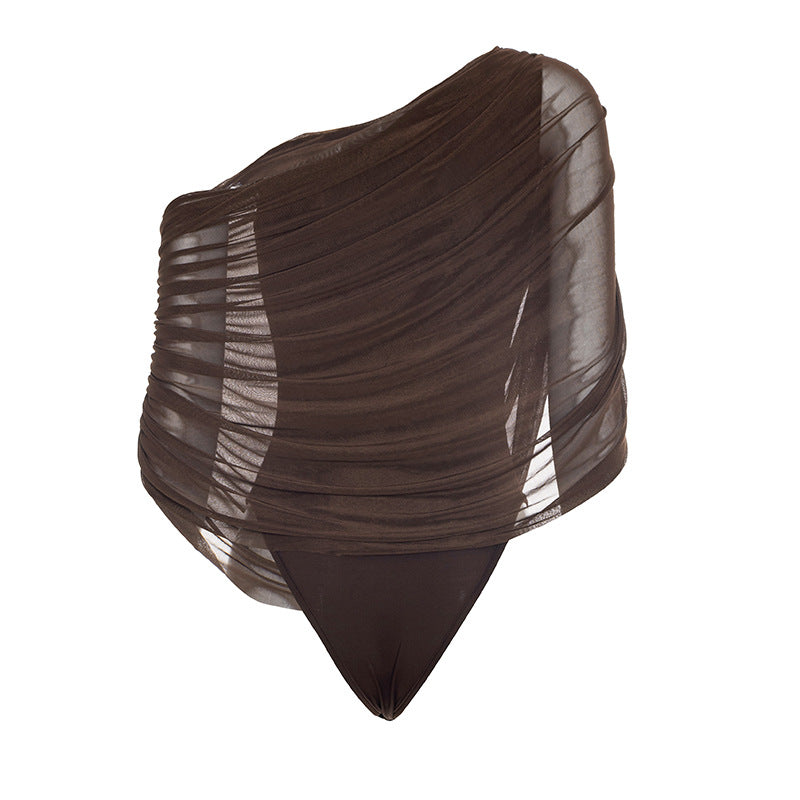 Pleated Sloping Shoulder Women's Elegant Bodysuit