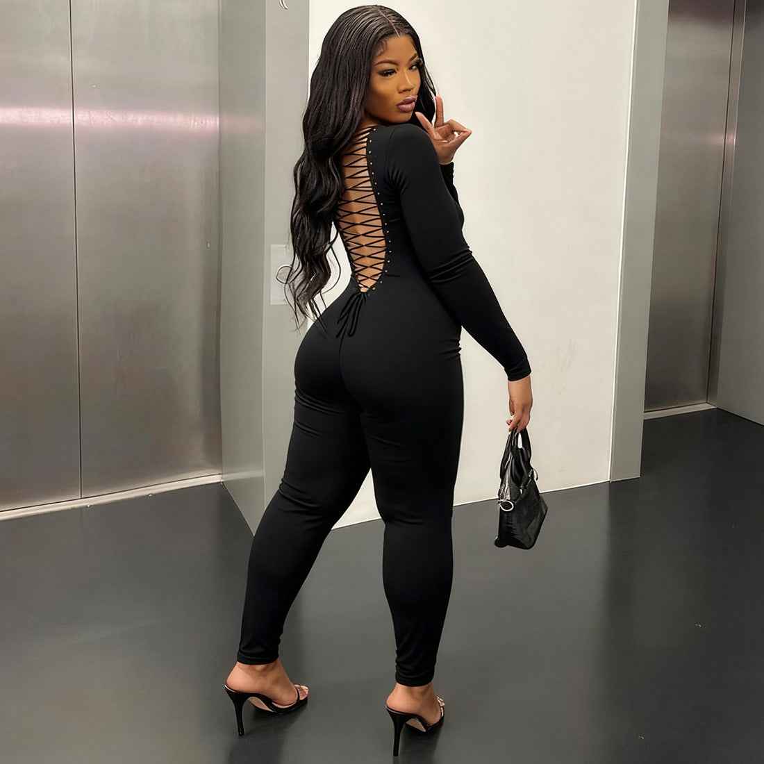 Backless Lace up Long Sleeve Solid Color Hip Lifting Jumpsuit