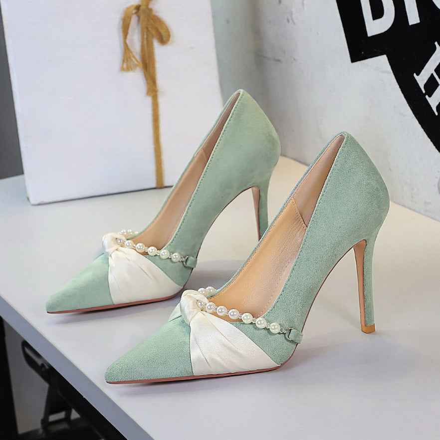 French Elegant Socialite Pearl Bow Pointed Low Cut Suede Stiletto Heel Pumps for Women