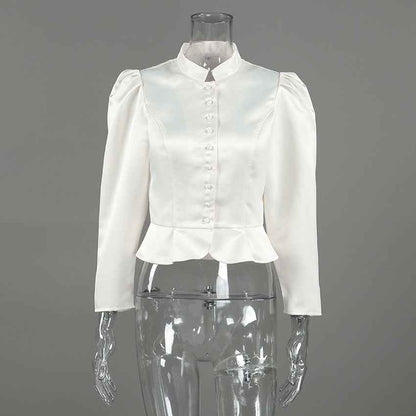 Spring Arrival French Stand Collar Puff Sleeve Blouse