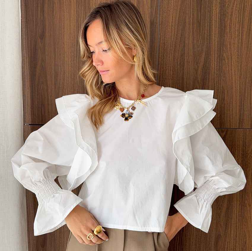 Gentle Polyester Cotton White Flying Sleeve Blouse