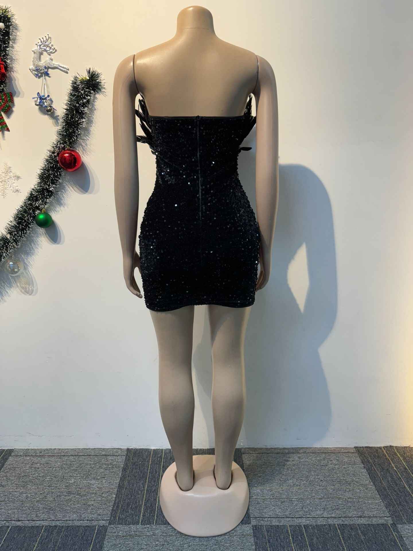 Sequin Deep V Plunge Feather Dress MUNSIEUR