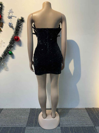 Sequin Deep V Plunge Feather Dress MUNSIEUR