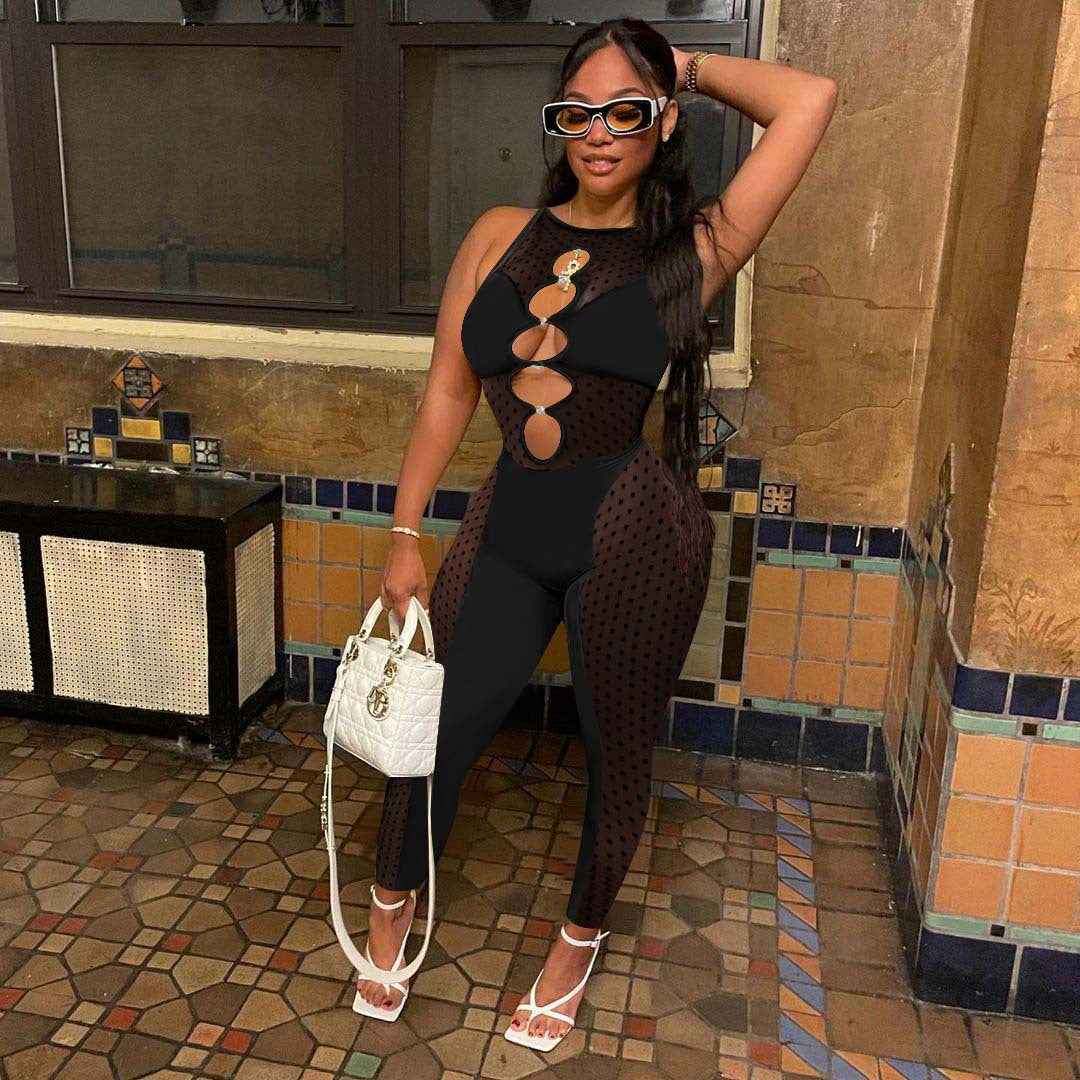 Mesh Milk Stitching Jumpsuit