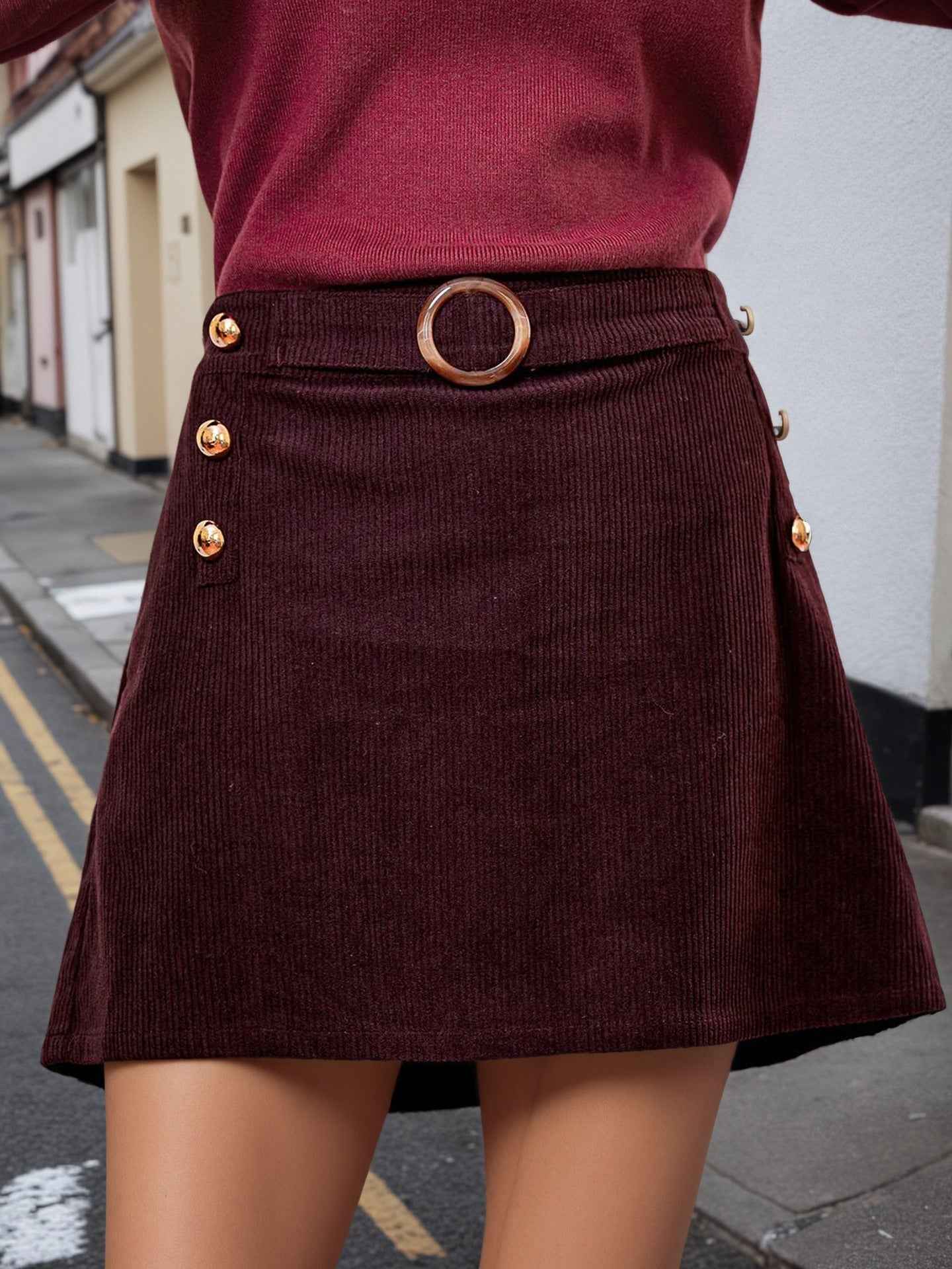 Corduroy a Skirt Slimming Metal Buckle All Matching Sheath Mid Skirt