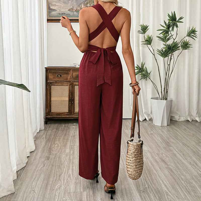 Women Clothing Elegant Cross Backless Lace up Sleeveless Long Wide Leg Jumpsuit