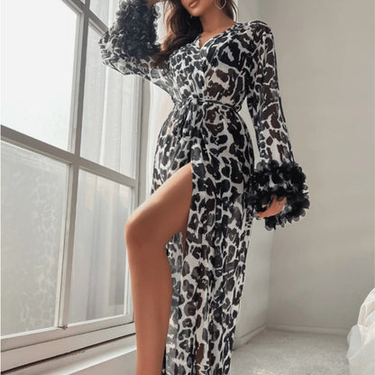 Thin Transparent Leopard Print Bell Sleeve Bathrobe Sleepwear Loungewear