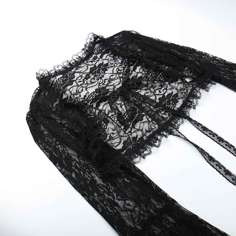 Gothic Classic Lace Cover Ups Women Mesh Crop Top See Through Sexy Flare Sleeve Blouse Y2k Black Rave Outfit Festival