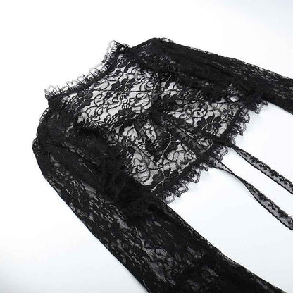 Gothic Classic Lace Cover Ups Women Mesh Crop Top See Through Sexy Flare Sleeve Blouse Y2k Black Rave Outfit Festival