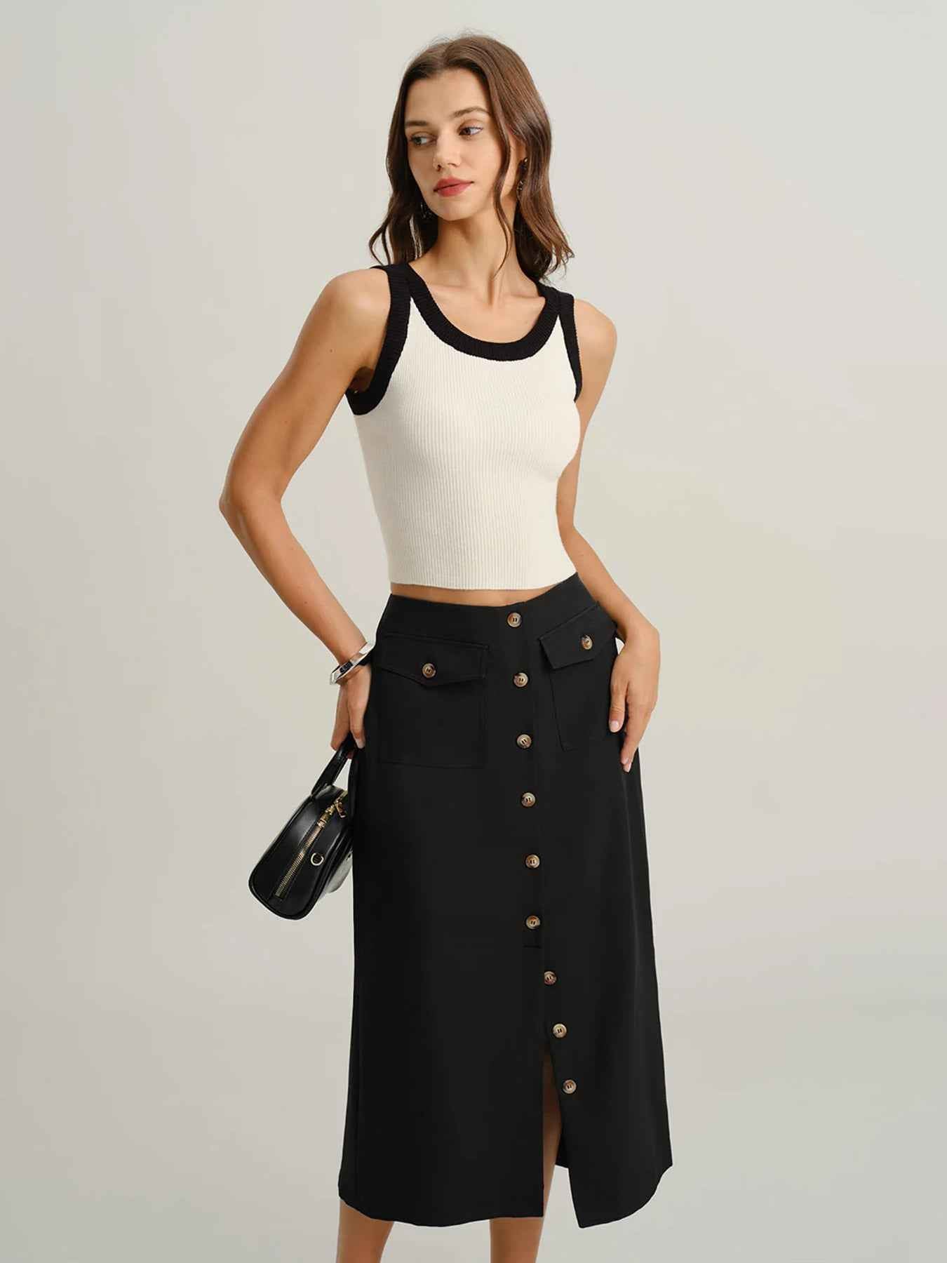 Elegant Vintage Button Slit Skirt