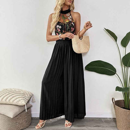 Summer Sleeveless See through Halter Lace Jumpsuit Embroidered Stitching Pleated