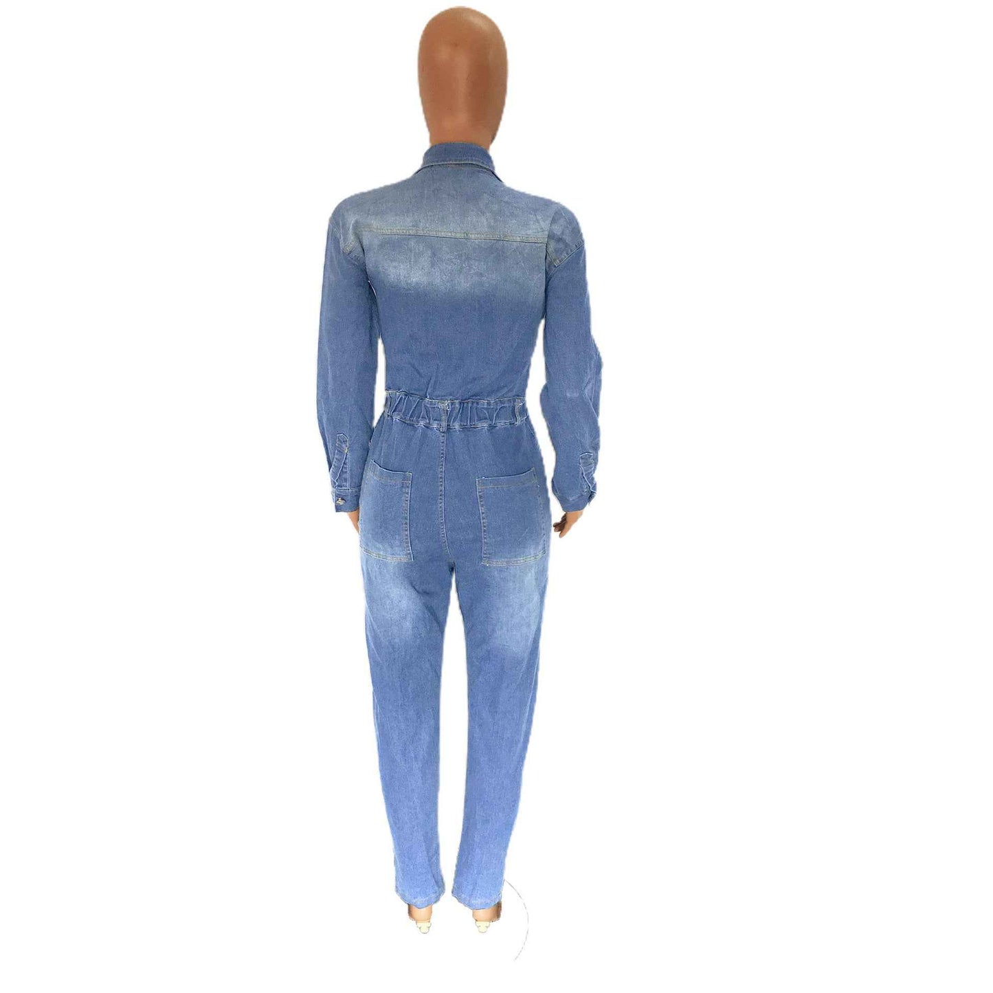 Women's Slim Elastic Band Washed Denim Jumpsuit