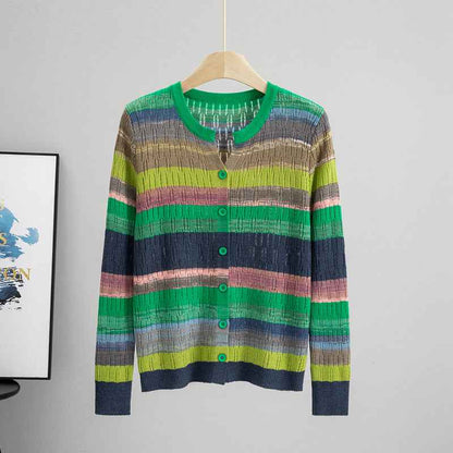 Striped Long Sleeved Loose Knitted Cardigan Sweater