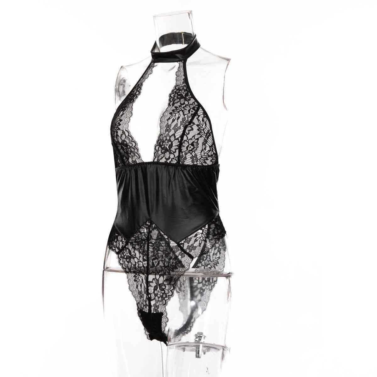 Sexy Patent Leather Lace Stitching One Piece Nightclub Temptation Sexy Lingerie Set