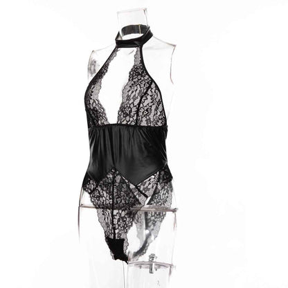 Sexy Patent Leather Lace Stitching One Piece Nightclub Temptation Sexy Lingerie Set