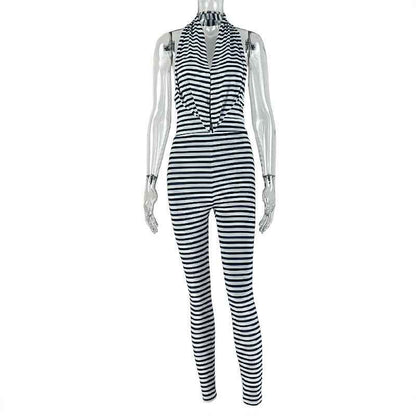 Striped Jumpsuit Swing Collar