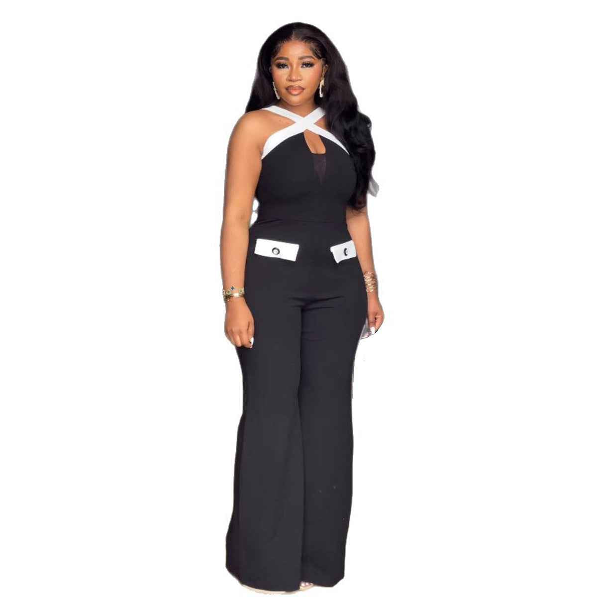 Elegant Office Contrast Color Cross Strap Jumpsuit