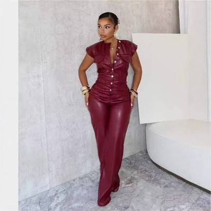 New Arrivals Women's Trousers Sleeveless Leather Jumpsuit
