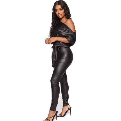Off The Shoulder Slim Fit One Piece Leather Jumpsuit