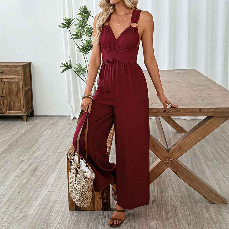 Women Clothing Elegant Cross Backless Lace up Sleeveless Long Wide Leg Jumpsuit