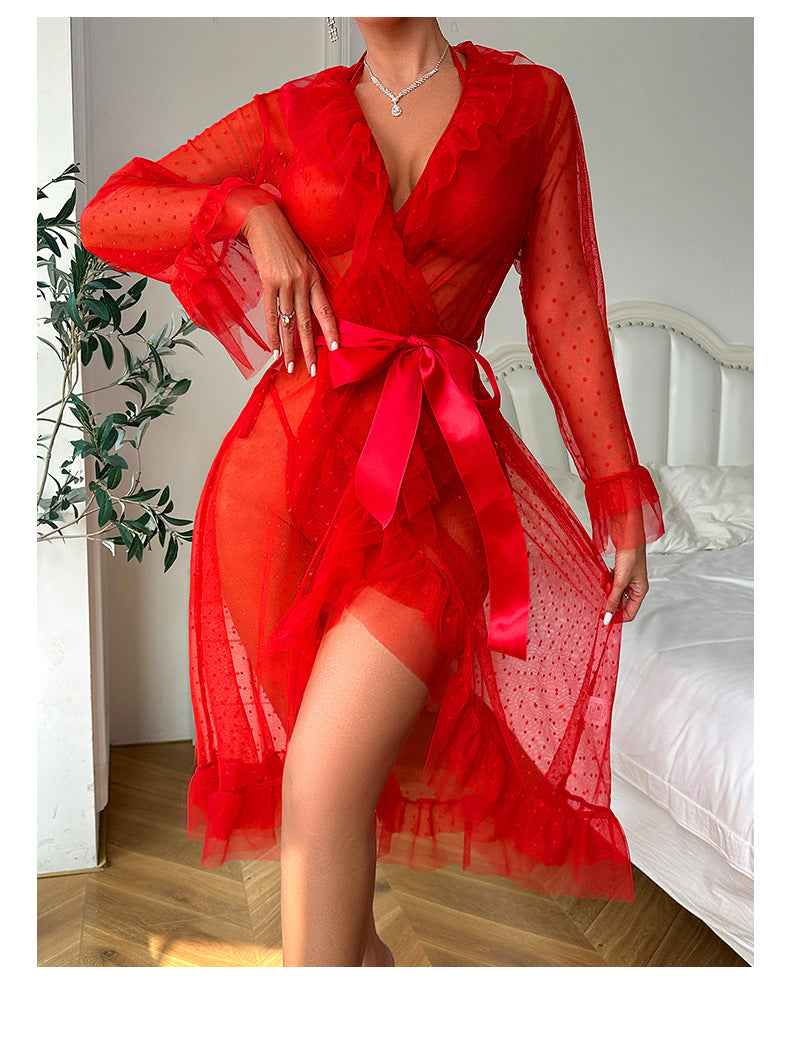 See through Nightgown Ruffled Lace up Sleepwear Set