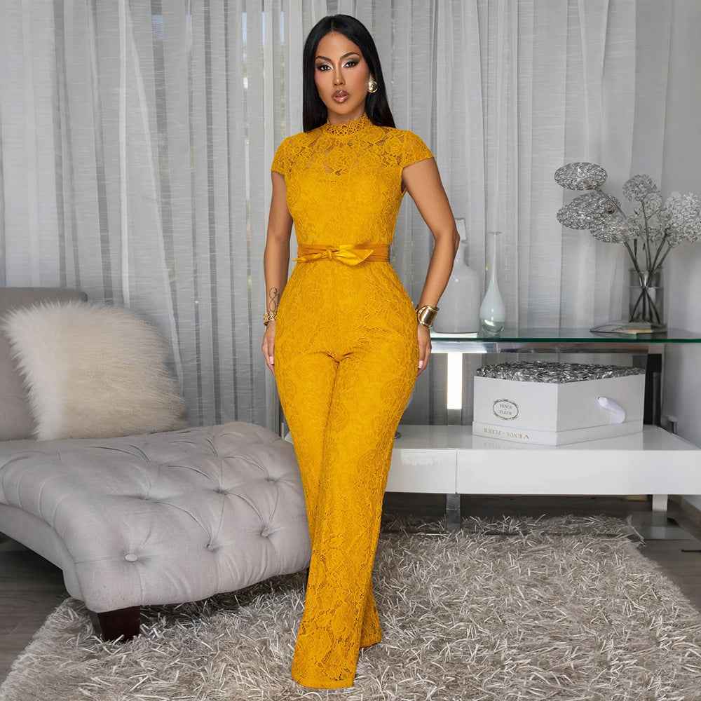 Round Neck Short Sleeve Lace Jumpsuit Wide Leg Pants Women Solid Color Trousers