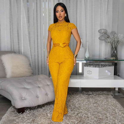Round Neck Short Sleeve Lace Jumpsuit Wide Leg Pants Women Solid Color Trousers