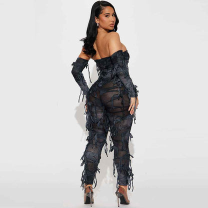 Autumn Tie Dyed Tassel Sexy Bandeau Backless Ice Sleeve Jumpsuit for Women