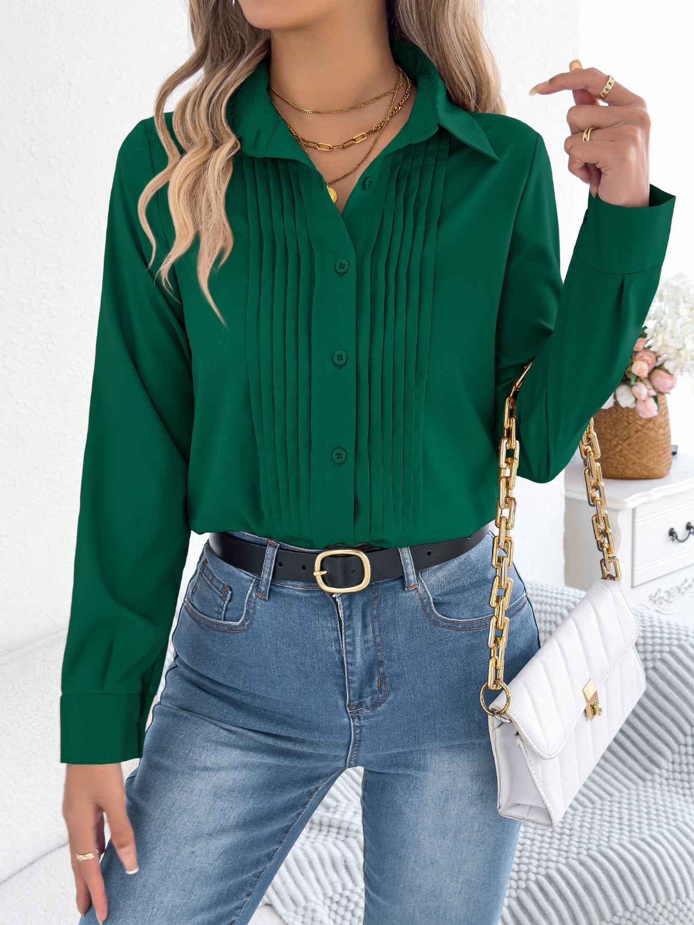 Elegant Pleated Solid Color Button Blouse