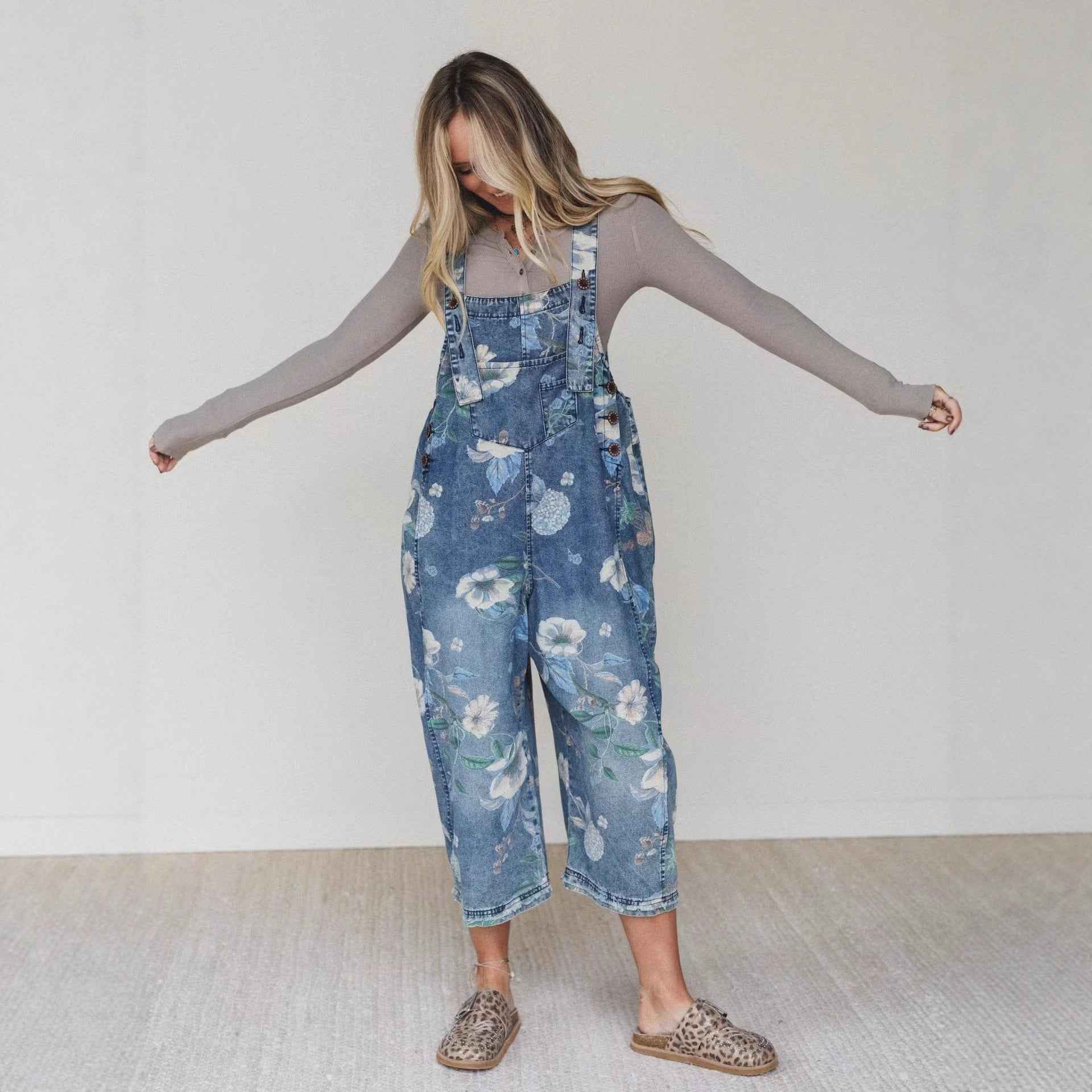 Street Trends Loose Printed Denim Jumpsuit