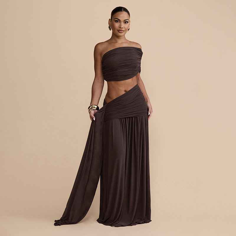 Spring Sexy Solid Color Tube Top Vest Slim Ribbon Pleated Skirt Sets