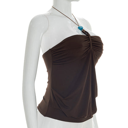 Spring Solid Color Pleated Backless Halter Sling Top T-shirt for Women
