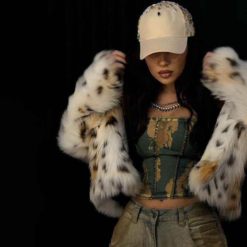 Leopard Print Spotted Long Fur Warm Long Sleeve Jacket