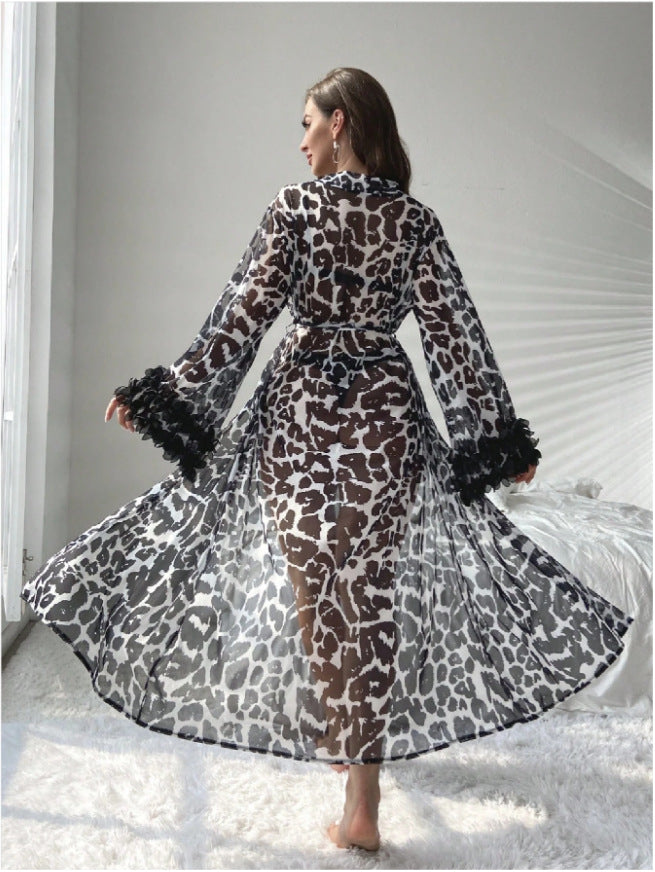 Thin Transparent Leopard Print Bell Sleeve Bathrobe Sleepwear Loungewear