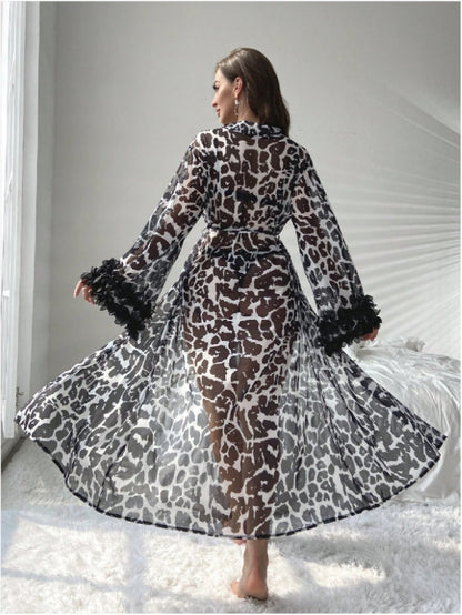 Thin Transparent Leopard Print Bell Sleeve Bathrobe Sleepwear Loungewear