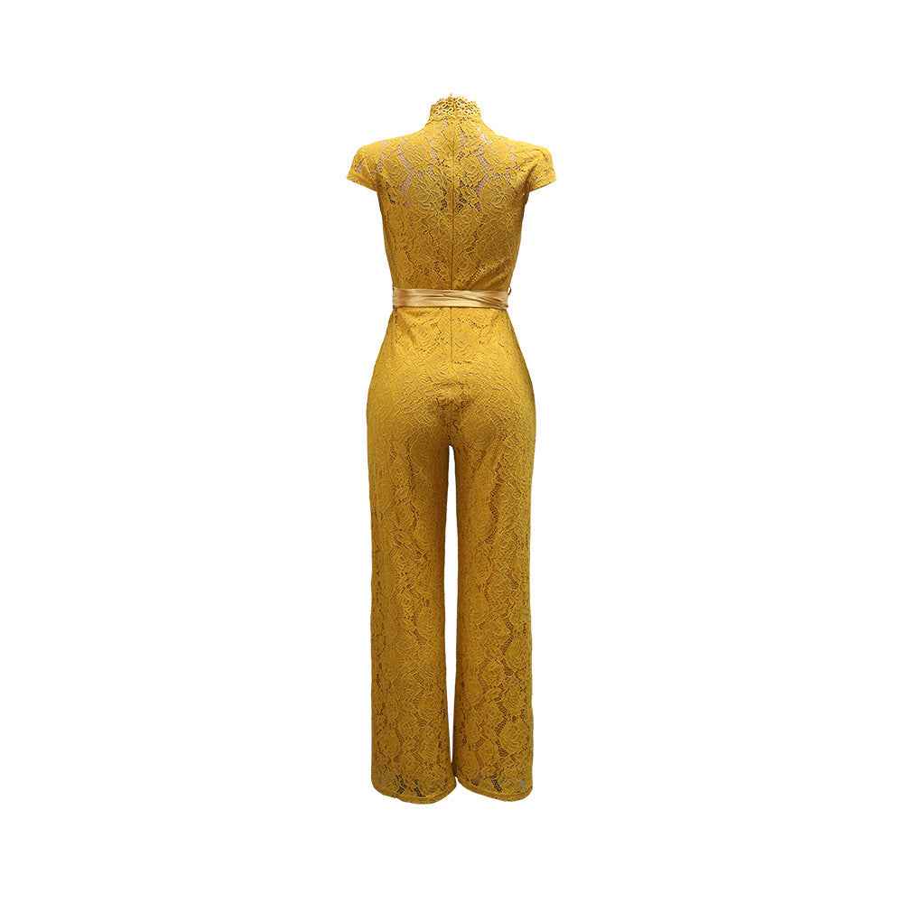 Round Neck Short Sleeve Lace Jumpsuit Wide Leg Pants Women Solid Color Trousers